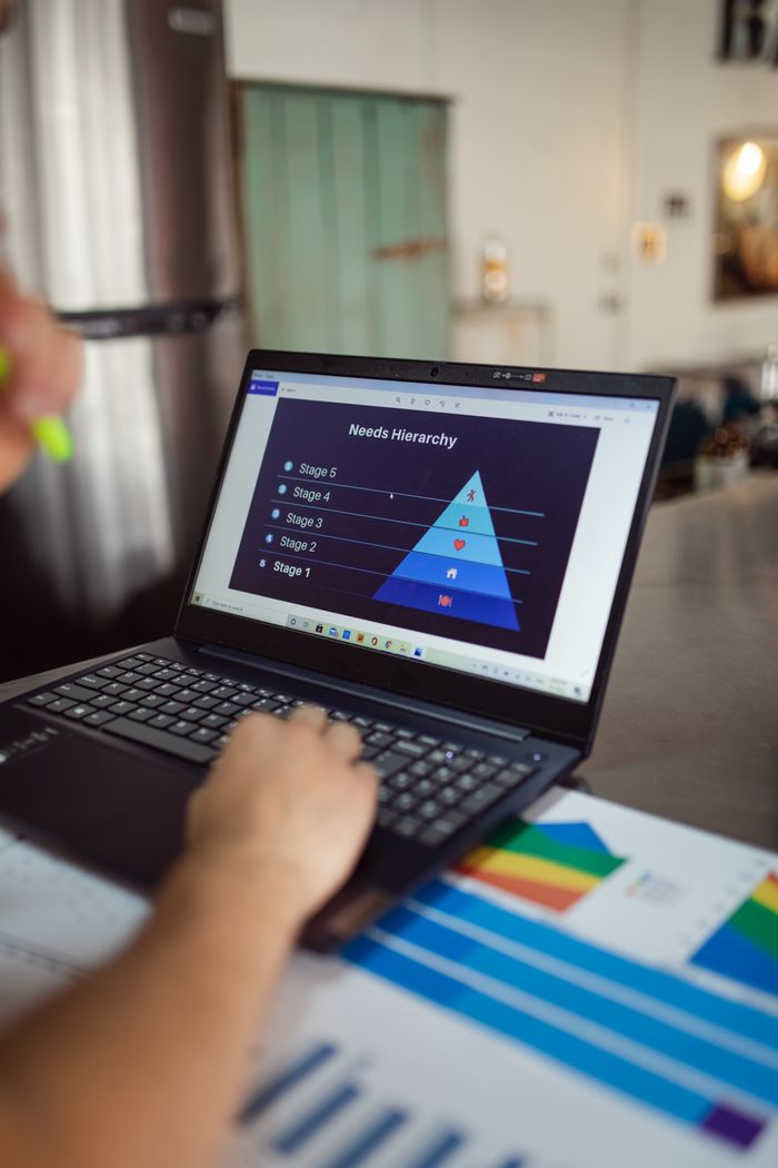 portfolio-03 A person analyzing Maslow's Hierarchy of Needs on a laptop screen with charts on the table.